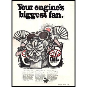 1970 STP Oil Treatment Vintage Print Ad Classic Car Wall Art Cartoon Drawing